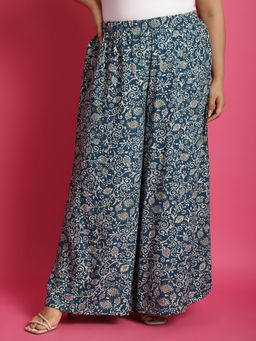 theRebelinme - Plus Size Womens Teal Batik Floral Print High-Rise Relaxed Palazzo