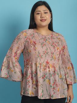 theRebelinme - Plus Size Womens Pink Floral Print Georgette Top