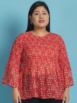 theRebelinme - Plus Size Womens Red Floral Print Georgette Top