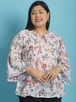 theRebelinme - Plus Size Womens White Floral Print Georgette Top