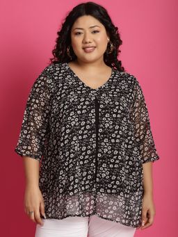 theRebelinme - Plus Size Womens Black Floral Printed Layered Top