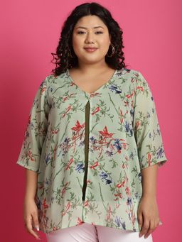 theRebelinme - Plus Size Womens Green Floral Printed Layered Top