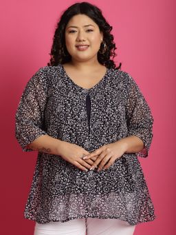 theRebelinme - Plus Size Womens Navy Blue Printed Layered Top