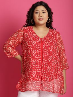 theRebelinme - Plus Size Womens Red Floral Printed Layered Top