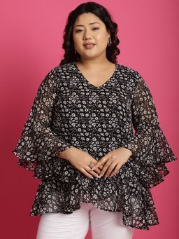 theRebelinme - Plus Size Womens Black Floral Printed Wrap Top