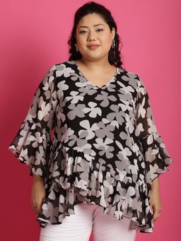 theRebelinme - Plus Size Womens Black Floral Printed Wrap Top