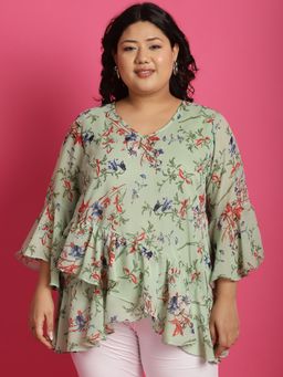 theRebelinme - Plus Size Womens Green Floral Printed Wrap Top