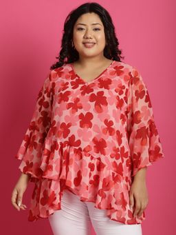 theRebelinme - Plus Size Womens Pink Floral Printed Wrap Top