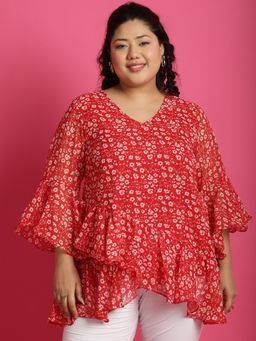 theRebelinme - Plus Size Womens Red Floral Printed Wrap Top
