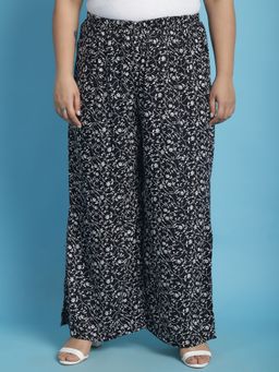 theRebelinme - Plus Size Womens Black Floral Printed Wide Leg Palazzos