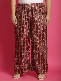 theRebelinme - Plus Size Womens Maroon Floral Printed Wide Leg Palazzos
