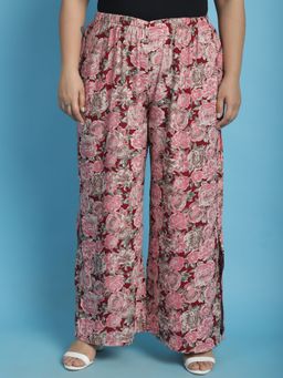 theRebelinme - Plus Size Womens Maroon Rose Floral Printed Wide Leg Palazzos