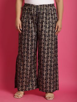 theRebelinme - Plus Size Womens Navy Blue Floral Printed Wide Leg Palazzos