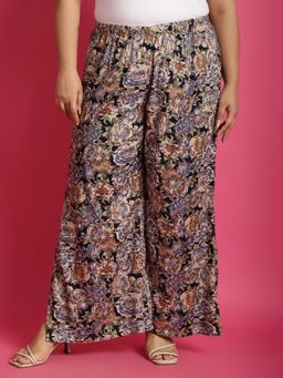 theRebelinme - Plus Size Womens Navy Rose Floral Printed Wide Leg Palazzos