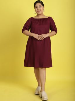 theRebelinme - Plus Size Womens Burgundy Solid Color Knee Length A-Line Dress
