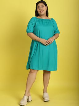 theRebelinme - Plus Size Womens Turquoise Solid Color Knee Length A-Line Dress