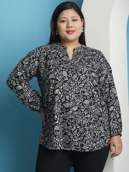 theRebelinme - Plus Size Womens Black Batik Floral Printed Mandarin Collar Tunic