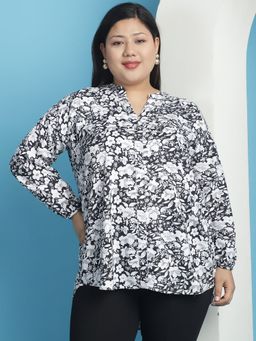 theRebelinme - Plus Size Womens Black White Floral Printed Mandarin Collar Tunic