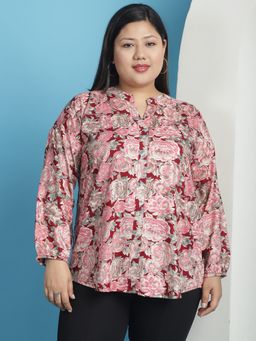 theRebelinme - Plus Size Womens Maroon Rose Floral Printed Mandarin Collar Tunic
