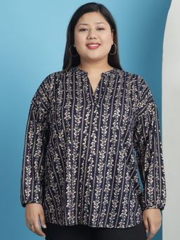theRebelinme - Plus Size Womens Navy Blue Floral Print Mandarin Collar Tunic