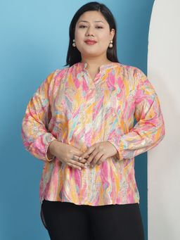theRebelinme - Plus Size Womens Pink Foil Printed Mandarin Collar Tunic
