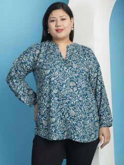 theRebelinme - Plus Size Womens Teal Batik Floral Printed Mandarin Collar Tunic