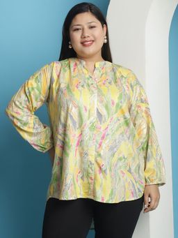 theRebelinme - Plus Size Womens Yellow Foil Printed Mandarin Collar Tunic