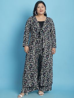 theRebelinme - Plus Size Womens Black Printed Longline Tie-Up Shrug