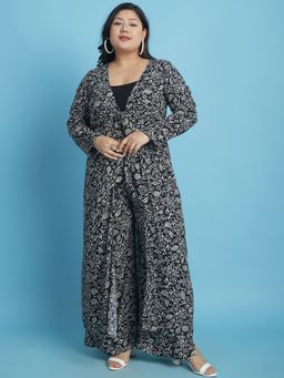 theRebelinme - Plus Size Womens Black Batik Floral Print Longline Tie-Up Shrug