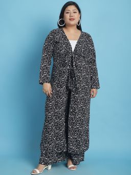 theRebelinme - Plus Size Womens Black Small Floral Print Longline Tie-Up Shrug