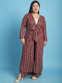 theRebelinme - Plus Size Womens Maroon Gold Floral Print Longline Tie-Up Shrug