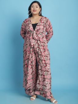 theRebelinme - Plus Size Womens Maroon Rose Floral Print Longline Tie-Up Shrug