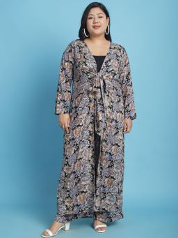 theRebelinme - Plus Size Womens Navy Rose Floral Print Longline Tie-Up Shrug