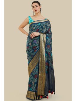 Soch - Women Navy Blue Silk Printed Saree with Unstitched Blouse