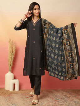 ANAISA - Women Black Silk Hand Work Kurta with Pant and Dupatta (Set of 3)