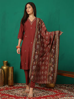 ANAISA - Women Maroon Silk Hand Work Kurta with Pant and Dupatta (Set of 3)