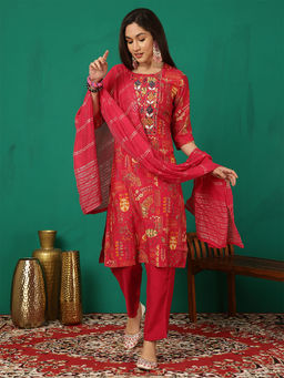 ANAISA - Women Red Yoke Embroidery Kurta with Pant and Dupatta (Set of 3)