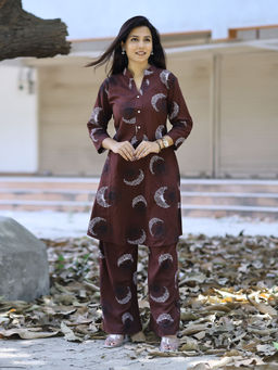 MOJILAA - Women's Coffee Brown Printed Co-Ord (Set of 2)