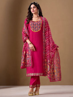 MOJILAA - Women's Pink Printed Straight Kurta with Pant and Dupatta (Set of 3)
