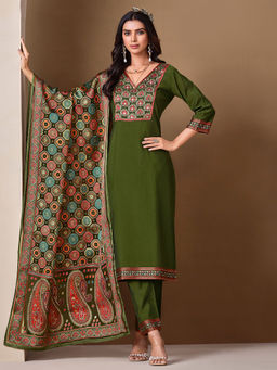 MOJILAA - Women's Green Printed Straight Kurta with Pant and Dupatta (Set of 3)
