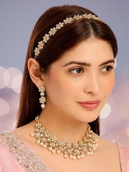 OOMPH - Gold Kundan & Pearl Ethnic Choker Necklace Set with Drop Earrings & Hair Chain