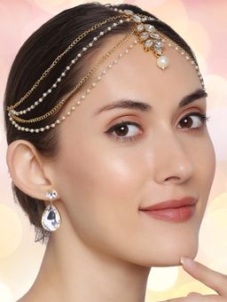 OOMPH - Gold Tone Kundan Sheeshpool Set Mattha Patti With Drop Earrings