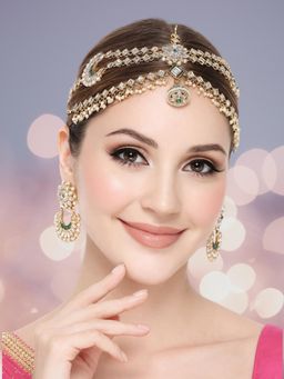 OOMPH - Gold Tone Kundan Borla Sheeshphool Set Matha Patti with Drop Earrings