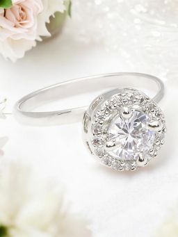 OOMPH - Silver Tone Solitaire Engagement Ring - American Diamond Adjustable for Women