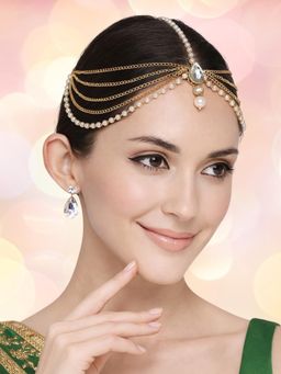 OOMPH - Gold Tone Kundan Sheeshphool with Drop Earrings