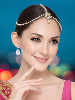 OOMPH - Gold Tone Kundan Sheeshphool with Drop Earrings