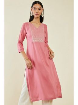Soch - Women Coral Rayon Embroidered Kurta