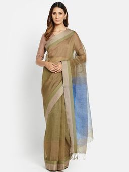 Fabindia - Green Linen Blend Hand Woven Saree without Blouse