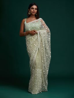Koskii - Pista Green Pearl Work Net Designer Saree with Unstitched Blouse