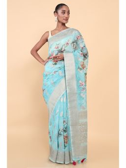 Soch - Women Blue Chanderi Floral Saree with Unstitched Blouse